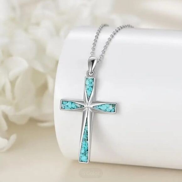 925 Silver Necklace w/ Turquoise Cross Western Christmas Birthday Anniversary - Picture 2 of 6